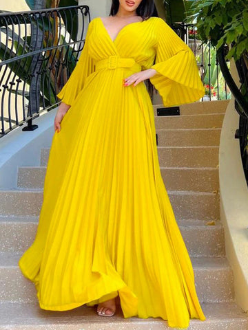 Woochic robes longue plissé ceinture v-cou manches 3/4 manches trompette élégant de soirée Jaune S